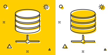 Black Server, Data, Web sunucu simgesi sarı ve beyaz arkaplanda izole edildi. Rastgele dinamik şekiller. Vektör İllüstrasyonu