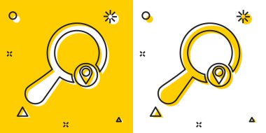 Siyah Arama konum simgesi sarı ve beyaz arka planda yalıtılmış. İşaretçi işareti ile büyüteç. Rastgele dinamik şekiller. Vektör İllüstrasyonu