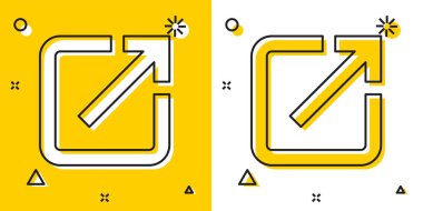 Siyah Açık, sarı ve beyaz arka planda yalıtılmış yeni pencere simgesinde. Başka bir sekme düğmesi işaretini açın. Tarayıcı çerçeve sembolü. Dış bağlantı işareti. Rastgele dinamik şekiller. Vektör İllüstrasyonu