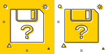 Siyah Bilinmeyen belge simgesi sarı ve beyaz arka planda yalıtılmış. Soru işareti içeren dosya. Raporu, hizmeti ve genel arama işaretini tutun. Rastgele dinamik şekiller. Vektör İllüstrasyonu