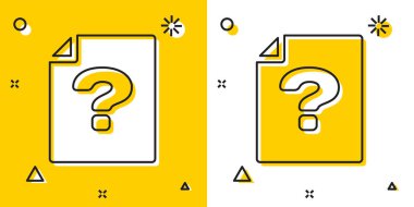 Siyah Bilinmeyen belge simgesi sarı ve beyaz arka planda yalıtılmış. Soru işareti içeren dosya. Raporu, hizmeti ve genel arama işaretini tutun. Rastgele dinamik şekiller. Vektör İllüstrasyonu