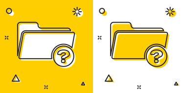 Siyah Bilinmeyen dizin simgesi sarı ve beyaz arka planda yalıtılmış. Büyüteç ve klasör. Rastgele dinamik şekiller. Vektör İllüstrasyonu