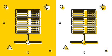 Black Server, Data, Web sunucu simgesi sarı ve beyaz arkaplanda izole edildi. Rastgele dinamik şekiller. Vektör İllüstrasyonu