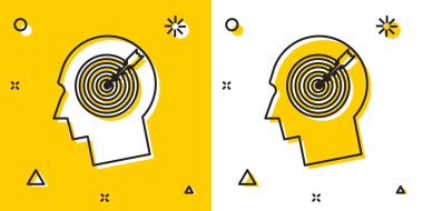 Siyah Kafa avcılık kavram simgesi sarı ve beyaz arka plan üzerinde izole. İş hedefi veya İstihdam işareti. İnsan kaynakları ve iş için işe alım. Rastgele dinamik şekiller. Vektör İllüstrasyonu