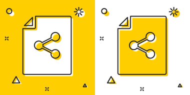 Siyah Paylaşım dosya simgesi sarı ve beyaz arka planda yalıtılmış. Dosya paylaşımı. Dosya aktarım işareti. Rastgele dinamik şekiller. Vektör İllüstrasyonu