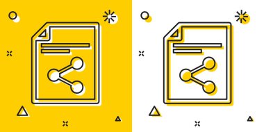 Siyah Paylaşım dosya simgesi sarı ve beyaz arka planda yalıtılmış. Dosya paylaşımı. Dosya aktarım işareti. Rastgele dinamik şekiller. Vektör İllüstrasyonu