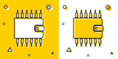 Siyah Cryptocurrency cüzdan simgesi sarı ve beyaz arka planda yalıtılmış. Cüzdan ve bitcoin işareti. Madencilik konsepti. Para, ödeme, nakit, ödeme simgesi. Rastgele dinamik şekiller. Vektör İllüstrasyonu