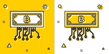 Siyah Cryptocurrency bitcoin sarı ve beyaz arka plan üzerinde izole mikroçip devre simgesi ile daire içinde. Blockchain teknolojisi, dijital para piyasası. Rastgele dinamik şekiller. Vektör İllüstrasyonu