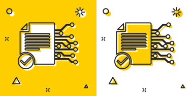 Siyah Smart sözleşme simgesi sarı ve beyaz arka planda yalıtılmış. Blockchain teknolojisi, kripto para madenciliği, bitcoin, altcoins, dijital para piyasası. Rastgele dinamik şekiller. Vektör İllüstrasyonu