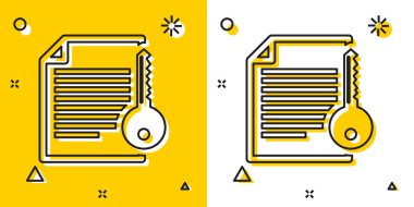 Siyah Smart sözleşme simgesi sarı ve beyaz arka planda yalıtılmış. Blockchain teknolojisi, kripto para madenciliği, bitcoin, altcoins, dijital para piyasası. Rastgele dinamik şekiller. Vektör İllüstrasyonu