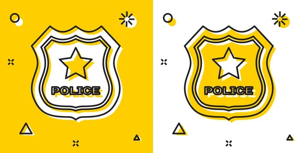 Black Police Badge-ikonen isolerad på gul och vit bakgrund. Sheriff Badge-skylt. Slumpmässiga dynamiska former. Vektor illustration — Stock vektor