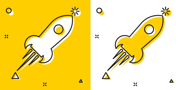黄色と白の背景に隔離された火災アイコンを持つ黒ロケット船。宇宙旅行。ランダムな動的シェイプ。ベクトルイラストレーション — ストックベクタ