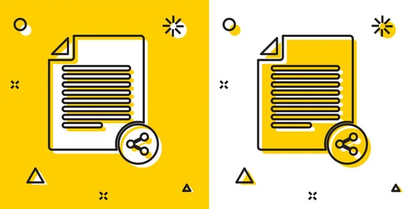 Icono del archivo Black Share aislado sobre fondo amarillo y blanco. Compartir archivos. Signo de transferencia de archivos. Formas dinámicas aleatorias. Ilustración vectorial — Vector de stock