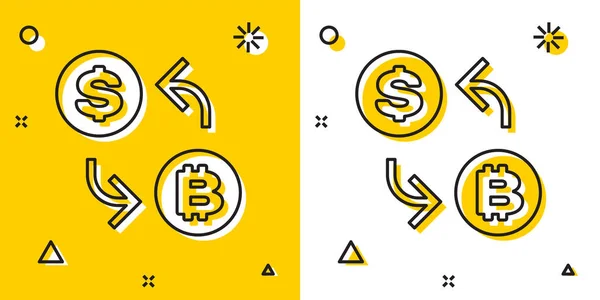 Ícone de troca criptomoeda preta isolado no fundo amarelo e branco. Bitcoin to Dólar ícone de câmbio. Tecnologia de criptomoeda, banco móvel. Formas dinâmicas aleatórias. Ilustração vetorial — Vetor de Stock