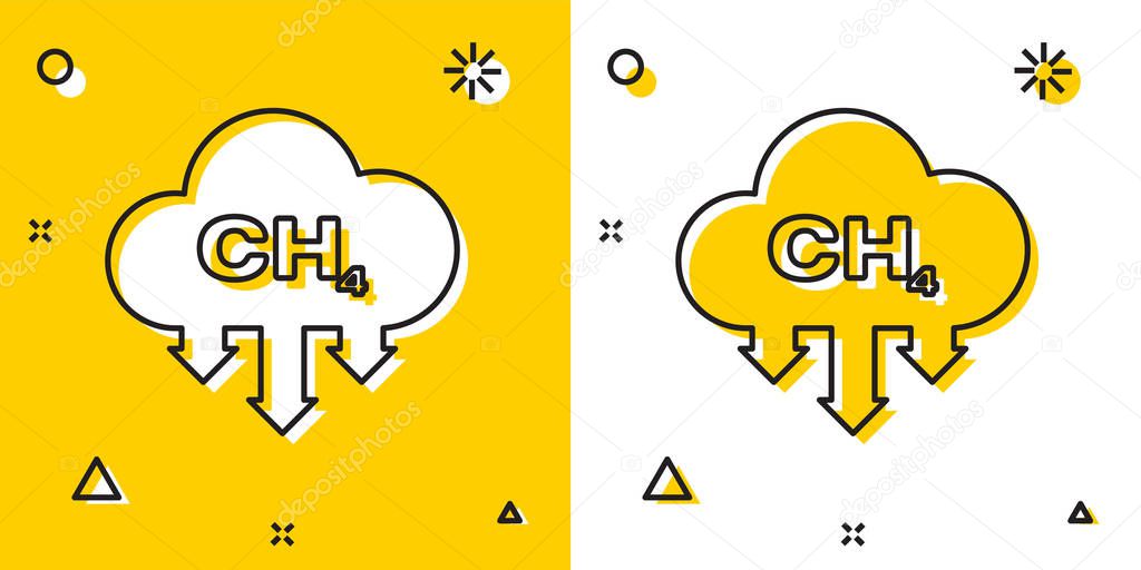 Black Methane emissions reduction icon isolated on yellow and white background. CH4 molecule model and chemical formula. Marsh gas. Natural gas. Random dynamic shapes. Vector Illustration