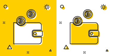 Siyah Cryptocurrency cüzdan simgesi sarı ve beyaz arka planda yalıtılmış. Cüzdan ve bitcoin işareti. Madencilik konsepti. Para, ödeme, nakit, ödeme simgesi. Rastgele dinamik şekiller. Vektör İllüstrasyonu