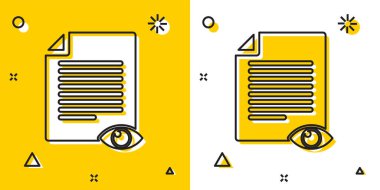 Sarı ve beyaz arka planda izole edilmiş göz simgesi simgesine sahip Siyah Kağıt sayfası. Bilgi dosyası işaretini açın. Rastgele dinamik şekiller. Vektör İllüstrasyonu