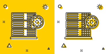 Siyah sunucu ve dişli simgesi sarı ve beyaz arkaplanda izole edildi. Uygulama, servis konsepti, ayar seçenekleri, bakım, onarım, onarım. Rastgele dinamik şekiller. Vektör İllüstrasyonu
