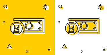 Siyah Hızlı ödemeler simgesi sarı ve beyaz arka plan üzerinde. Hızlı para transferi ödemesi. Finansal hizmetler, hızlı kredi, zaman para, nakit geri kavramdır. Rastgele dinamik şekiller. Vektör İllüstrasyonu