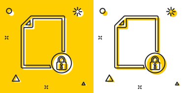 Siyah Belge ve kilit simgesi sarı ve beyaz arkaplanda izole edildi. Dosya biçimi ve asma kilit. Güvenlik, güvenlik, koruma kavramı. Rastgele dinamik şekiller. Vektör İllüstrasyonu