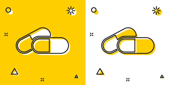 Pastilla de medicina negra o icono de la tableta aislado sobre fondo amarillo y blanco. Cápsula de píldora y signo de drogas. Diseño de farmacia. Formas dinámicas aleatorias. Ilustración vectorial — Archivo Imágenes Vectoriales