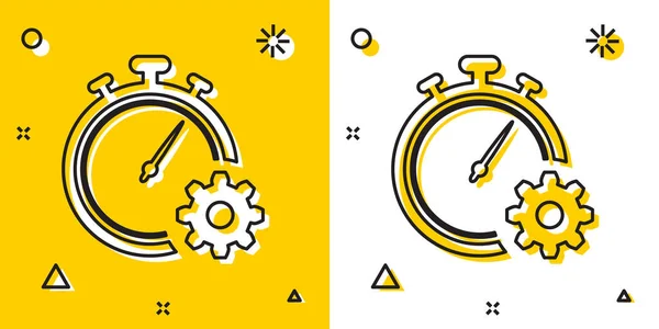 Icône Black Time Management isolée sur fond jaune et blanc. Horloge et enseigne. Le symbole de productivité. Formes dynamiques aléatoires. Illustration vectorielle — Image vectorielle