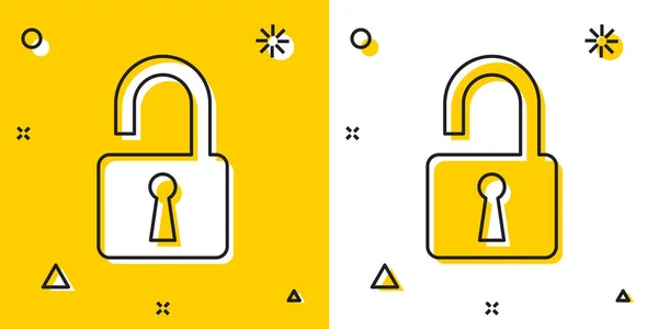 Černá otevřená ikona zámku je izolována na žlutém a bílém pozadí. Byl otevřen blokovací znak. Koncepce kybernetické bezpečnosti. Ochrana digitálních dat. Bezpečnostní bezpečnost. Náhodné dynamické tvary. Vektorová ilustrace — Stockový vektor