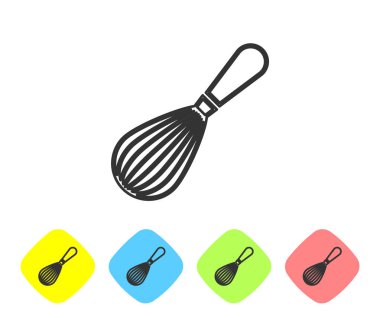 Gri çizgi Mutfak çırpma simgesi beyaz arka planda izole edildi. Mutfak aletleri, yumurta çırpıcı. Çatal bıçak seti. Yemek karışımı sembolü. Renkli eşkenar dörtgen düğmeleri ile simgeyi ayarla. Vektör İllüstrasyonu