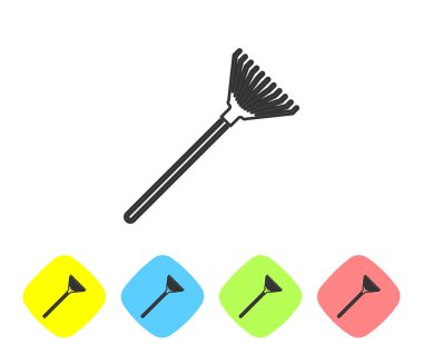 Gri çizgi Beyaz arka plan üzerinde izole yaprakları simgesi için Bahçe tırmık. Bahçecilik, tarım, tarım için bir araç. Yer kültivatör. Renk eşkenar dörtgen düğmelerinde simgeyi ayarlayın. Vektör İllüstrasyonu