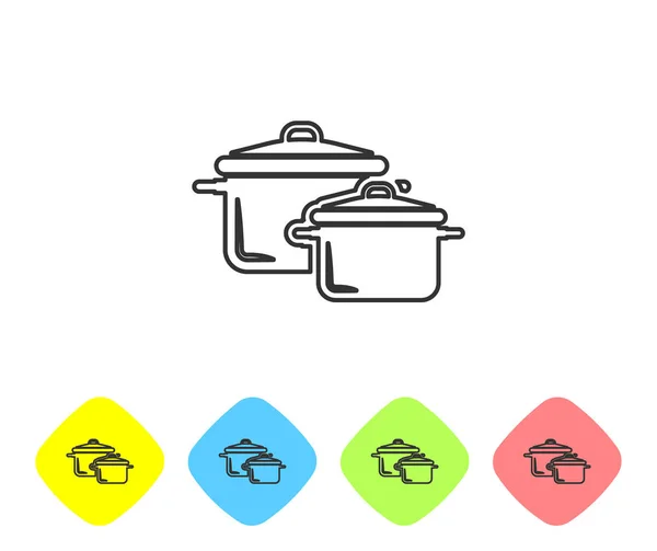 Línea gris Icono de olla de cocina aislado sobre fondo blanco. Hervir o guisar el símbolo de la comida. Establecer icono en los botones de rombo de color. Ilustración vectorial — Archivo Imágenes Vectoriales