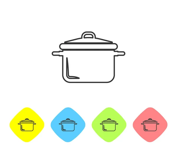 Graue Linie Kochtopf-Symbol isoliert auf weißem Hintergrund. Essen kochen oder schmoren. setzen Sie das Symbol in farbigen Rautenknöpfen. Vektorillustration — Stockvektor