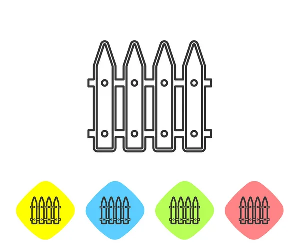 Graue Linie Gartenzaun hölzerne Ikone isoliert auf weißem Hintergrund. setzen Sie das Symbol in farbigen Rautenknöpfen. Vektorillustration — Stockvektor