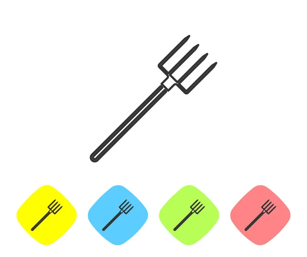 Grey line Garden pitchfork icon isolated on white background. Garden fork sign. Tool for horticulture, agriculture, farming. Set icon in color rhombus buttons. Vector Illustration — Stock Vector