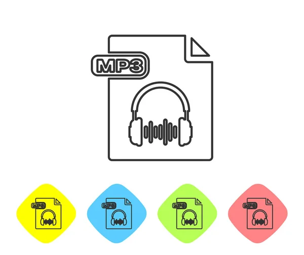 Grey line MP3 file document. Download mp3 button icon isolated on white background. Mp3 music format sign. MP3 file symbol. Set icons in color rhombus buttons. Vector Illustration — Stock Vector