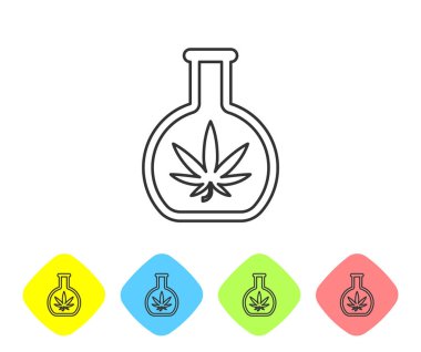 Beyaz arka plan üzerinde izole esrar veya esrar yaprağı simgesi ile Gri çizgi Kimyasal test tüpü. Araştırma konsepti. Laboratuvar Cbd yağ konsepti. Renk eşkenar dörtgen düğmelerinde simgeleri ayarlayın. Vektör İllüstrasyonu