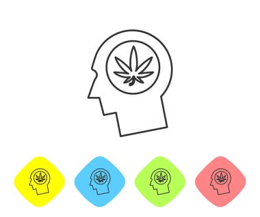 Beyaz arka plan üzerinde esrar veya esrar yaprağı simgesi ile profil erkek baş Gri çizgi Siluet. Marihuana yasallaştırma. Kenevir sembolü. Renk eşkenar dörtgen düğmelerinde simgeleri ayarlayın. Vektör İllüstrasyonu