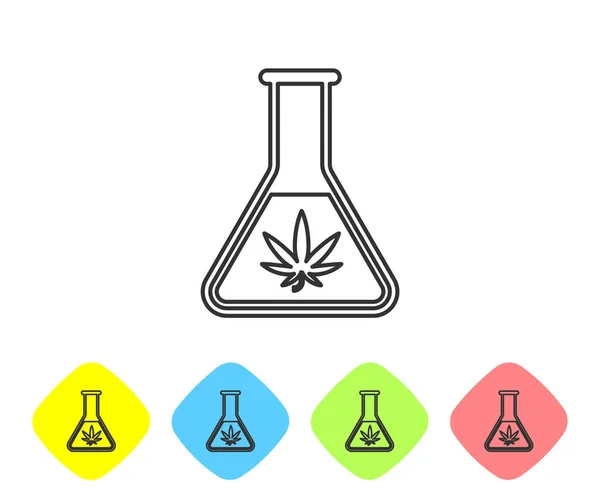 Graue Linie chemisches Reagenzglas mit Marihuana oder Cannabis Blatt Symbol isoliert auf weißem Hintergrund. Forschungskonzept. Labor cbd Öl-Konzept. setzen Sie Symbole in farbigen Rautenknöpfen. Vektorillustration — Stockvektor