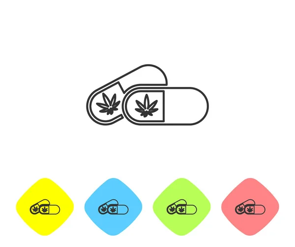 Beyaz arka planda marihuana veya kenevir yaprağı ikonu bulunan gri çizgi tıbbi haplar. Kavanozlardaki kenevir yağı özlerini taklit et. Renkli eşkenar dörtgen düğmelerine simgeleri yerleştir. Vektör İllüstrasyonu — Stok Vektör