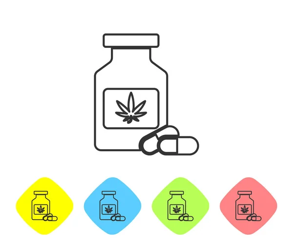 Línea gris Botella médica con marihuana o icono de hoja de cannabis aislado sobre fondo blanco. Simulación de extractos de aceite de cannabis en frascos. Establecer iconos en los botones de rombo de color. Ilustración vectorial — Vector de stock
