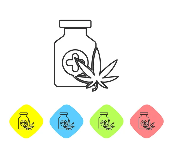 Grey line Medical bottle with marijuana or cannabis leaf icon isolated on white background. Mock up of cannabis oil extracts in jars. Set icons in color rhombus buttons. Vector Illustration — Stock Vector