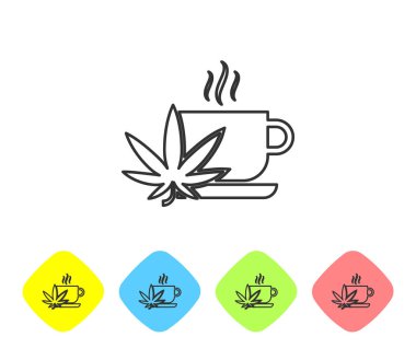 Beyaz arka plan üzerinde izole marihuana veya esrar yaprağı simgesi ile Gri çizgi Fincan çay. Marihuana yasallaştırma. Kenevir sembolü. Renk eşkenar dörtgen düğmelerinde simgeleri ayarlayın. Vektör İllüstrasyonu