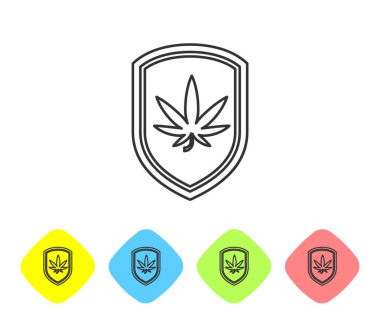 Beyaz arka planda gri çizgi kalkanı ve marihuana veya kenevir yaprağı ikonu var. Marihuanayı yasallaştırma. Kenevir sembolü. Renkli eşkenar dörtgen düğmelerine simgeleri yerleştir. Vektör İllüstrasyonu