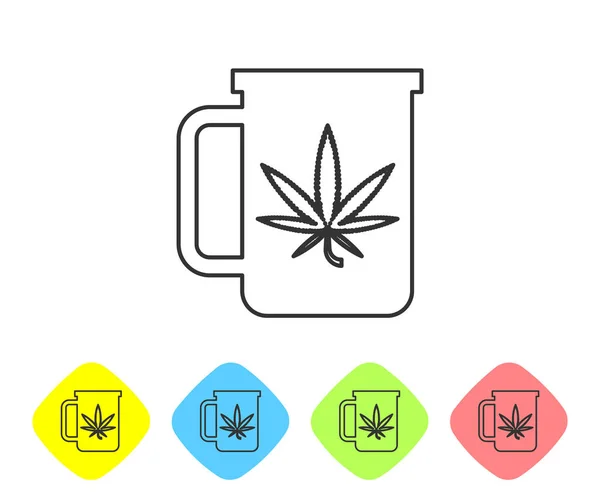 Grey line Cup tea with marijuana or cannabis leaf icon isolated on white background. Marijuana legalization. Hemp symbol. Set icons in color rhombus buttons. Vector Illustration — Stock Vector