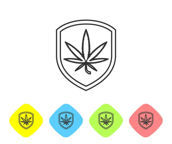 Beyaz arka planda gri çizgi kalkanı ve marihuana veya kenevir yaprağı ikonu var. Marihuanayı yasallaştırma. Kenevir sembolü. Renkli eşkenar dörtgen düğmelerine simgeleri yerleştir. Vektör İllüstrasyonu — Stok Vektör