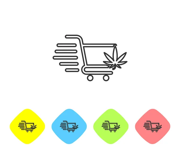 Grey line Shopping cart with marijuana or cannabis leaf icon isolated on white background. Online buying. Delivery service. Supermarket basket. Set icons in color rhombus buttons. Vector Illustration — Stock Vector