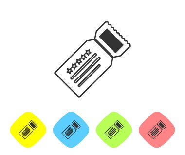 Gri çizgi Bilet simgesi beyaz arka planda yalıtılmış. Renk eşkenar dörtgen düğmelerinde simgeleri ayarlayın. Vektör İllüstrasyonu