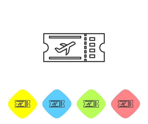 Graue Linie Flugticket Symbol isoliert auf weißem Hintergrund. Flugticket. setzen Sie Symbole in farbigen Rautenknöpfen. Vektorillustration — Stockvektor