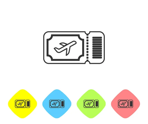 Šedý spojnicový lístek letecké společnosti izolovaný na bílém pozadí. Letenka. Nastavení ikon v barevných tlačítkách Rhombus. Vektorová ilustrace — Stockový vektor