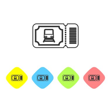 Gri hat Tren bileti simgesi beyaz arka planda izole. Demiryolu ile seyahat. Renk eşkenar dörtgen düğmelerinde simgeleri ayarlayın. Vektör İllüstrasyonu