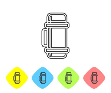 Beyaz arka planda gri çizgi termos konteynır simgesi izole edildi. Termo matara ikonu. Kamp ve yürüyüş ekipmanları. Renkli eşkenar dörtgen düğmelerine simgeleri yerleştir. Vektör İllüstrasyonu